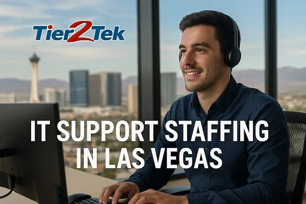 IT support staffing professional working in an office with Las Vegas cityscape in the background