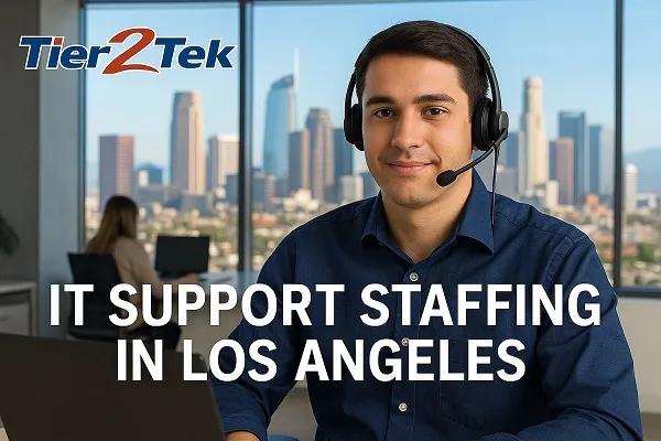 IT support technician wearing a headset in a Los Angeles office with city skyline in background