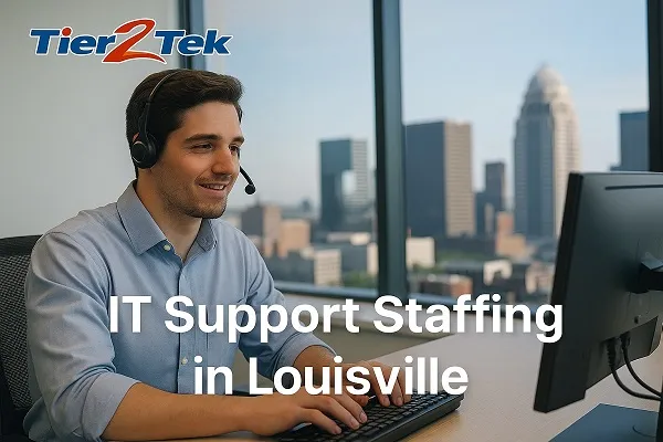 IT helpdesk professional at work in a modern Louisville office setting