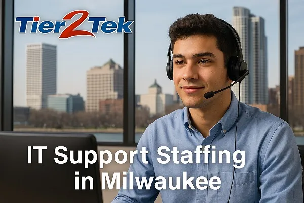 IT support professional at desk with Milwaukee skyline in the background, representing Tier2Tek Staffing's IT support staffing services.