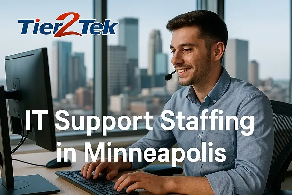 IT support professional at a Minneapolis office desk with city skyline in background