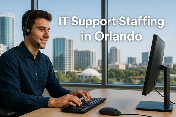Tier2Tek Staffing IT Support Staffing in Orlando banner featuring an IT support professional at a desk with the Orlando skyline in the background