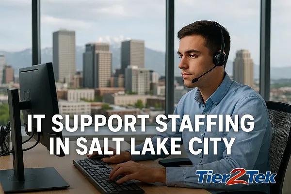 IT support technician at desk with Salt Lake City skyline in the background, representing Tier2Tek Staffing services.