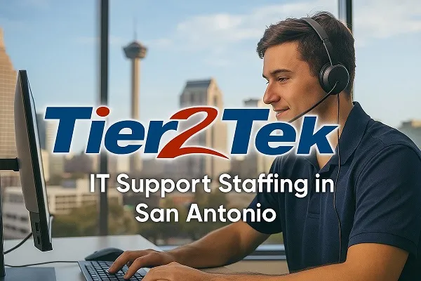 Young IT support professional working at a desk with San Antonio skyline in the background, representing Tier2Tek Staffing’s IT support staffing services.