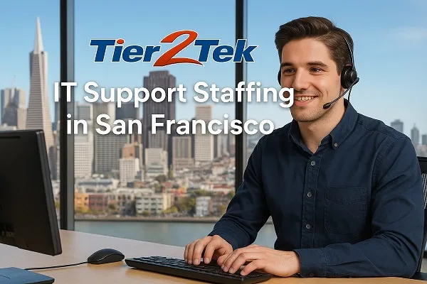 Professional IT support staff member at a desk with San Francisco skyline in the background and Tier2Tek Staffing branding.