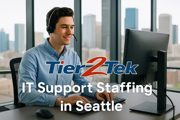 IT support professional at desk in Seattle office, representing Tier2Tek Staffing's direct hire services.