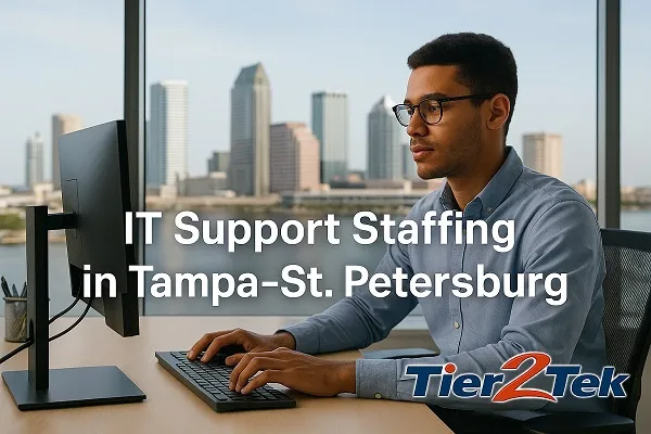 IT Support Staffing in Tampa–St. Petersburg: IT technician at a workstation with city skyline, by Tier2Tek Staffing