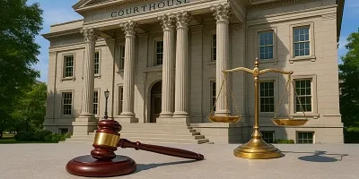Legal Services & Law Firms Industry Icon Elegant neoclassical courthouse with towering Corinthian columns, accompanied by a wooden judge's gavel and brass balance scales in the foreground, symbolizing Tier2Tek Staffing's involvement in Legal Services & Law Firms industries.