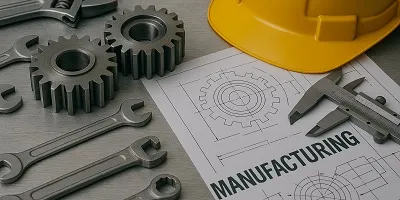 Manufacturing Industry Icon Manufacturing industry visual for Tier2Tek Staffing, with gears, wrenches, calipers, a yellow hard hat, and technical blueprints on a metal surface.