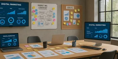 Marketing, Advertising & PR Industry Icon Modern office space with digital marketing dashboards on screens, brainstorming boards with sticky notes, and workstations filled with campaign charts, representing marketing, advertising, and PR.