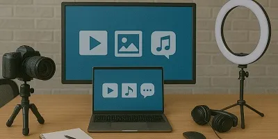 Media Agencies Industry Icon Modern content creation workspace with DSLR camera, ring light, computer monitors displaying media icons, headphones, notebook, and peripherals on a wooden desk.