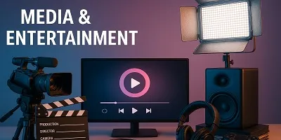 Media & Entertainment Industry Icon Professional studio setup with video camera, monitor, clapperboard, speaker, headphones, game controller, and LED light representing the Media & Entertainment industry.