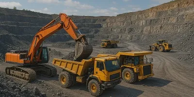 Mining & Metals Industry Icon Tier2Tek Staffing visual of an active mining site with large excavators, dump trucks, and exposed rock layers in an open-pit quarry, representing the mining and metals industry.