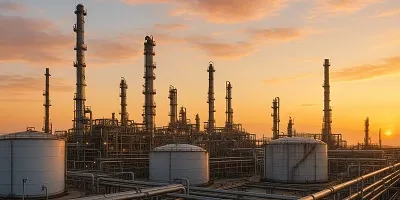 Oil & Gas Industry Icon Industrial oil refinery with tall distillation towers, large storage tanks, and extensive pipelines under a glowing sunset sky, representing the oil and gas sector.