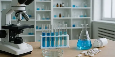 Modern laboratory with microscope, blue test tubes, Erlenmeyer flask, and pills, representing Tier2Tek Staffing's focus on Pharmaceuticals & Life Sciences.