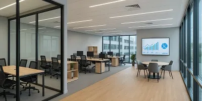 Professional Services & Consulting Industry Icon Modern office space with glass-walled meeting rooms, open workstations, and a digital display showing business charts, representing professional services and consulting.
