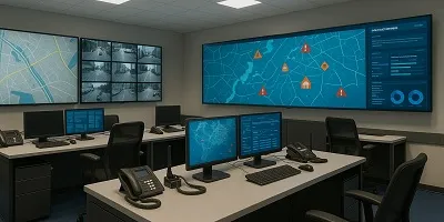 Public Safety & Emergency Services Industry Icon Emergency operations center with large monitors displaying maps, surveillance feeds, and response data, with desks equipped for public safety coordination.
