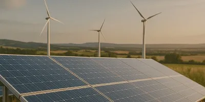 Renewable Energy (Solar, Wind) Industry Icon Tier2Tek Staffing visualizes Renewable Energy with solar panels and wind turbines in a scenic countryside setting, illuminated by warm evening light.