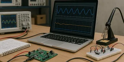 Research & Development (R&D) Industry Icon Electronics R&D lab setup with a laptop displaying waveforms, oscilloscope, PCB, breadboard, and soldering iron on a wooden desk.