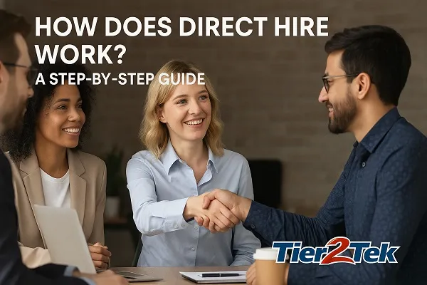 Professionals in a meeting shaking hands, with the Tier2Tek Staffing logo and article title overlayed.