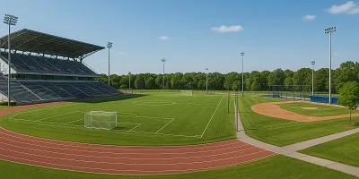 Sports & Recreation Industry Icon Tier2Tek Staffing visual of a modern sports and recreation complex with a stadium, soccer fields, and baseball diamond under clear skies, representing athletic and wellness workforce solutions.