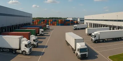 Supply Chain & Distribution Industry Icon Modern logistics hub featuring a large warehouse, rows of shipping containers, cargo trucks, and a distribution center with a clear, organized layout under a bright sky, symbolizing supply chain and distribution.