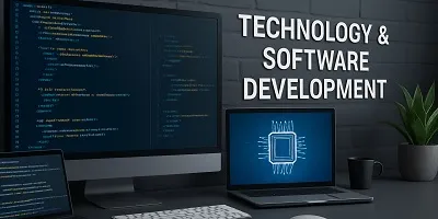 Technology & Software Development Industry Icon Tier2Tek Staffing - Technology and Software Development industry representation. Modern workspace with dual monitors displaying code, a laptop with a microchip graphic, and clean desk setup symbolizing IT and software solutions.