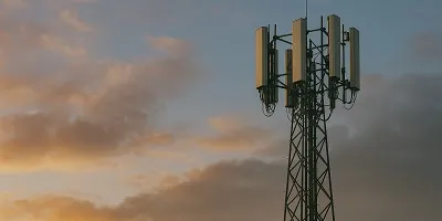 Telecommunications Industry Icon Telecommunications industry visual for Tier2Tek Staffing, featuring a cell tower with multiple antennas silhouetted against a colorful sunset sky.