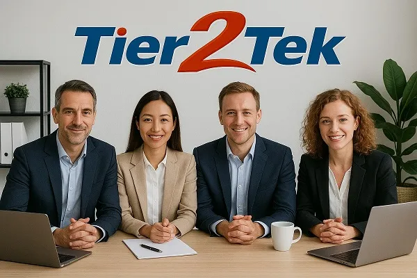 A group of four diverse professionals sitting at a conference table in a modern office with the Tier2Tek logo displayed on the wall behind them.