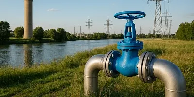 Utilities (Water, Gas, Electric) Industry Icon Utility infrastructure landscape showing a water tower, gas pipeline with blue valve, river, and electric power lines against a clear sky, representing essential services.