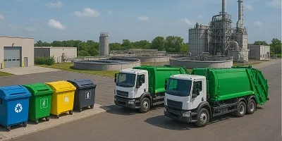 Waste Management & Environmental Services Industry Icon Tier2Tek Staffing visual of a waste management and environmental services facility with recycling bins, green garbage trucks, and an industrial treatment plant, symbolizing sustainability and waste operations.