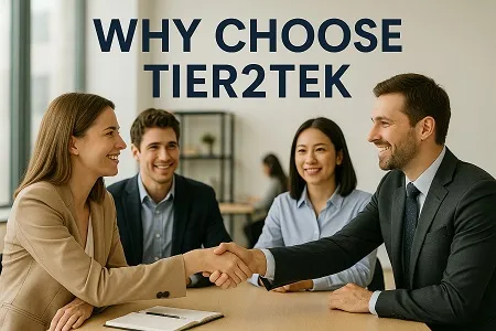 Four diverse professionals in business attire smile and shake hands in a modern office setting, with the words "Why Choose Tier2Tek" in bold navy text above them.
