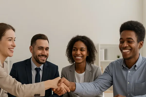 Four diverse professionals smiling and shaking hands around a meeting table in a modern office, with the text “Why Companies & Job Seekers Love It” above.