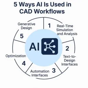 Infographic showing five applications of AI in CAD workflows, including real-time simulation, text-to-design interfaces, automation, optimization, and generative design, arranged in a circular layout around a central AI icon.