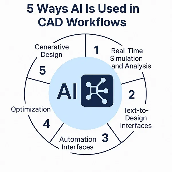 Infographic showing five applications of AI in CAD workflows, including real-time simulation, text-to-design interfaces, automation, optimization, and generative design, arranged in a circular layout around a central AI icon.