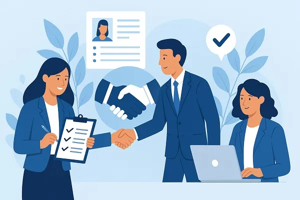 Illustration of professionals collaborating on staffing best practices with a checklist, handshake, and laptop.