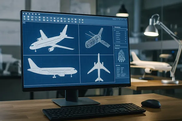 A widescreen monitor displays CAD designs of an airplane and spacecraft in a modern aerospace engineering office.