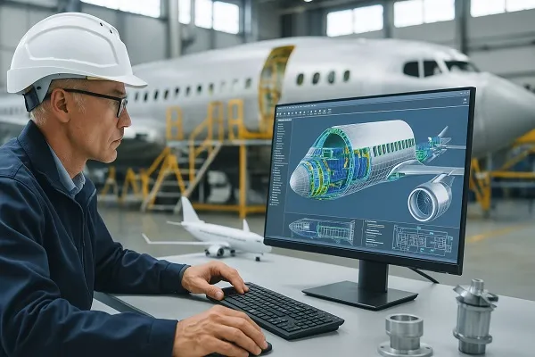 An aerospace engineer in a hard hat examines a CAD model of an aircraft on a widescreen monitor inside a manufacturing hangar.