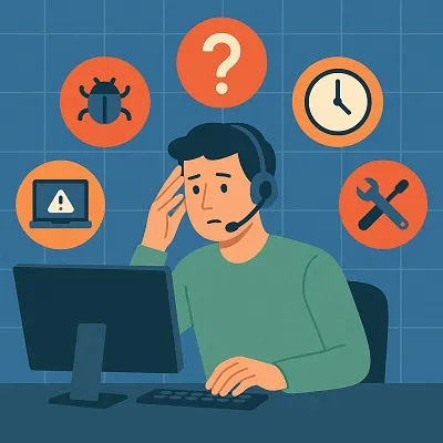 Frustrated Tier 2 IT technician at a desk, surrounded by icons of bugs, warnings, time pressure, and troubleshooting tools.
