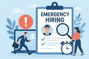 Illustration of emergency hiring process with clipboard, resume, clock, and staffing agency workers.