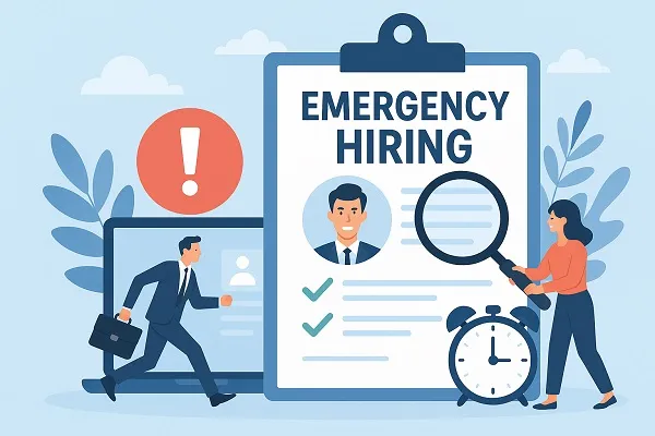 Illustration of emergency hiring process with clipboard, resume, clock, and staffing agency workers.