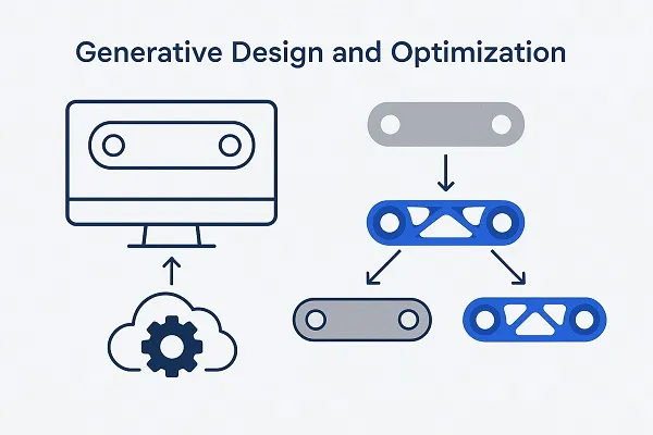 Illustration showing a traditional part design being optimized through AI-driven generative design, resulting in multiple lightweight, geometric alternatives.