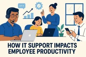 Illustration showing IT support helping employees with technology, enhancing communication and productivity in an office setting.