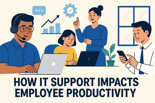 Illustration showing IT support helping employees with technology, enhancing communication and productivity in an office setting.