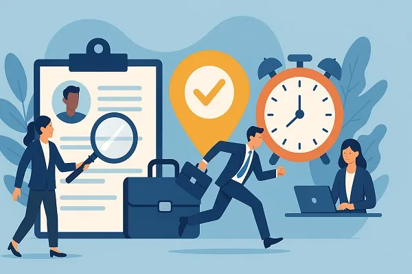 Illustration of staffing professionals streamlining fast recruitment with resumes, a clock, and digital tools.