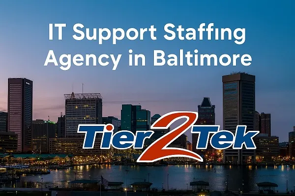Baltimore skyline at dusk with Tier2Tek Staffing logo promoting IT Support Staffing Agency services.
