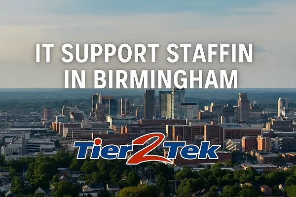 Birmingham skyline with "IT Support Staffing in Birmingham" overlay and Tier2Tek Staffing logo