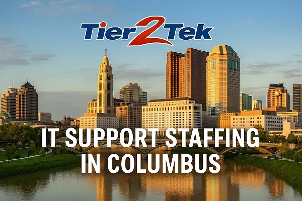 Columbus skyline with Tier2Tek Staffing logo promoting IT support staffing services.