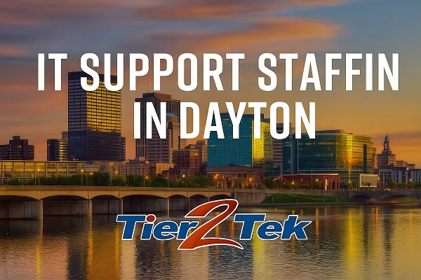 Downtown Dayton skyline at sunset with IT Support Staffing in Dayton text and Tier2Tek Staffing logo
