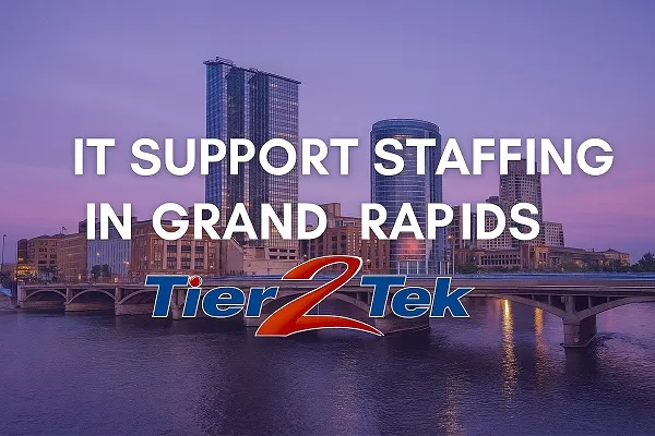 Grand Rapids skyline at sunset with IT Support Staffing message and Tier2Tek Staffing logo